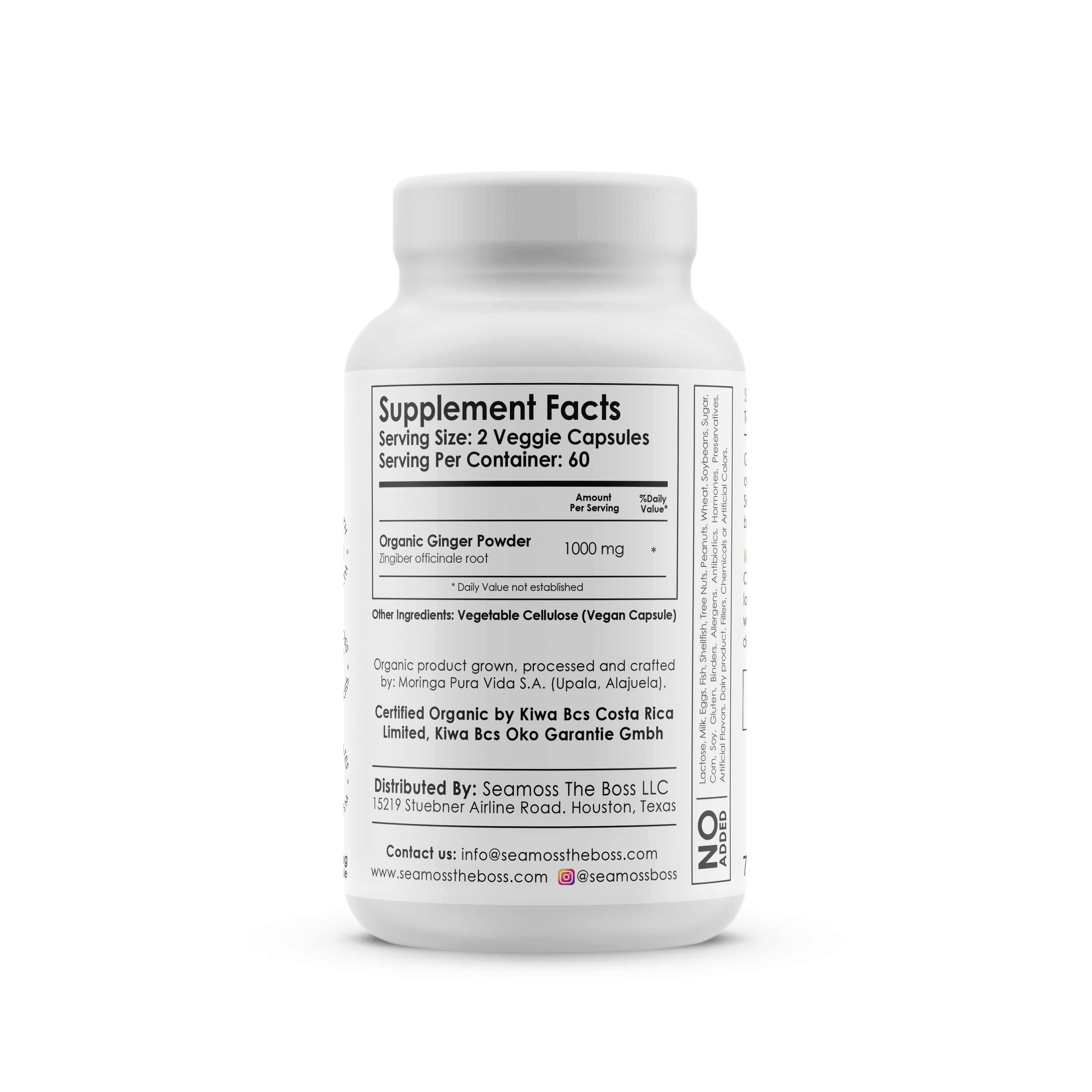 Raw Organic Ginger Capsules bottle label from Ocean Botanicals